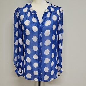 Chico's Ikat Dots Sheer Button Up Blouse In Blue & White Size 8